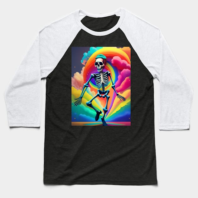 Dancing Skeleton Rainbow Baseball T-Shirt by BukovskyART